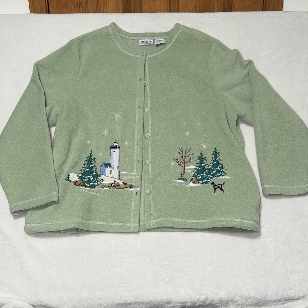 Blair Women's 2XL XXL Fleece Cardigan Button Up Mint Green Winter Lighthouse
